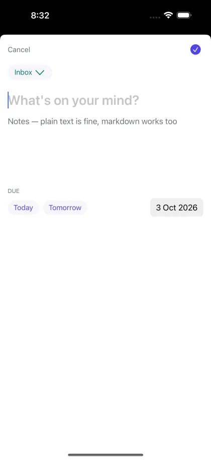 The capture sheet: a title field, a notes field, and Today and Tomorrow buttons beside a date