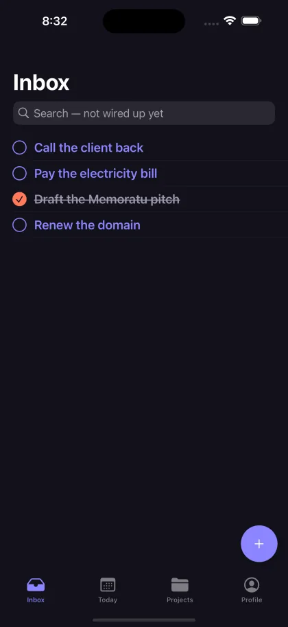 The Inbox screen in dark mode