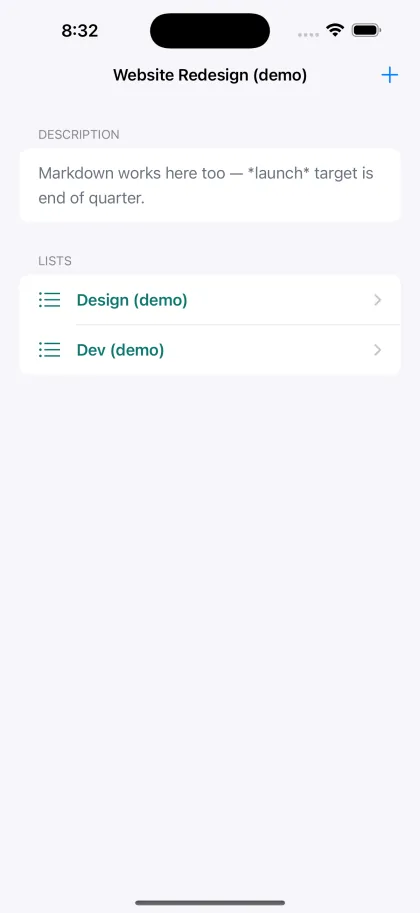 A project opened, showing the lists inside it