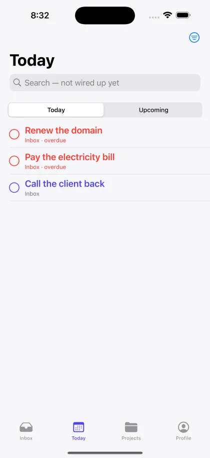 Today, showing two overdue todos in red above one due today, with Today and Upcoming tabs